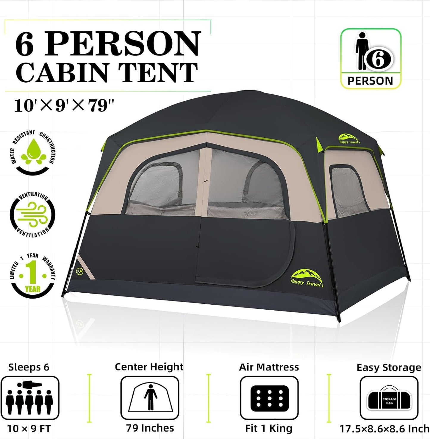 Happy Travel Tent 6 Person Tent for Camping